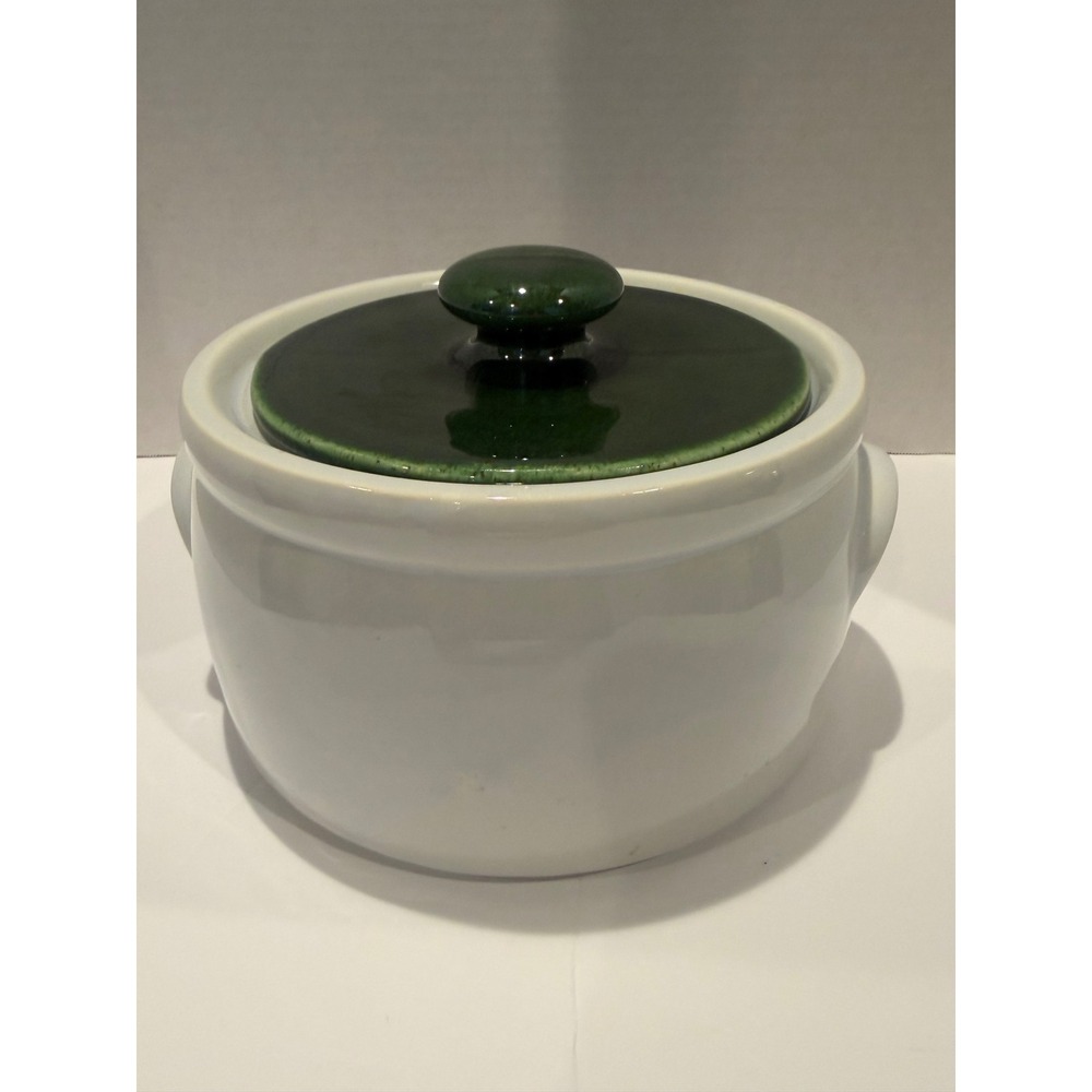 McCoy #1421 Bean Pot Casserole Crock Green Lid White With Blue Undertone Vintage